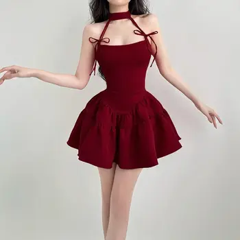 2024 השנה החדשה קטיפה אדומה שמלת נשים סקסית קשת התחבושת הלטר הצוואר שרוולים שמלת נסיכה קוריאנית אופנה Kawaii שמלה לוליטה