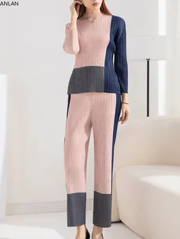 ANLAN 2024 האביב החדש ניגודיות צבע קפלים להגדיר עבור נשים עם שרוולים ארוך סלים החולצה העליון גבוה מכנסיים מותן שתי ערכות קטע 0AN1956