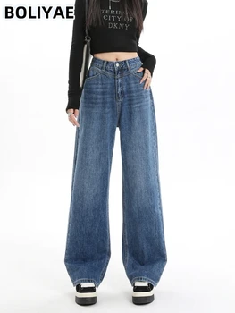 Boliyae באגי ישר ג 'ינס נשים Y2k בציר אופנה גבוהה המותניים מכנסי ג' ינס Harajuku רחוב רחב הרגל מכנסיים 2024 אביב