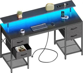 Huuger 55 אינץ ' שולחן מחשב עם 4 מגירות, משחקי שולחן עם נורות LED & שקעי חשמל, משרד ביתי לשולחן עם אחסון גדול Sp