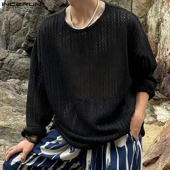 INCERUN מקסימום 2023 סגנון קוריאני גברים אופנה פשוטה תחרה פס Camiseta אופנת רחוב מסוגננת למכור חם שרוול ארוך חולצות S-5XL