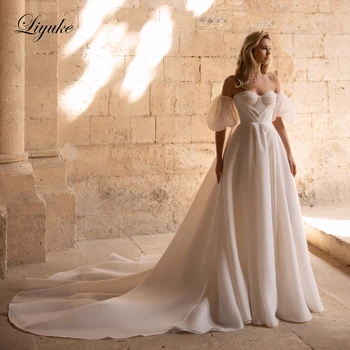 Liyuke Ruched קפלים אורגנזה קו החתונה השמלה שרוולים כתף מול פיצול שמלות כלה