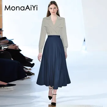 MonaAiYi 2023 חדש מסלול מעצב האופנה נשים של מעיל דש כפול, שדיים לחולצה+טיפוח עצמי חצאית להגדיר 2pcs