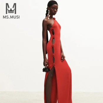 MSMUSI 2024 חדש אופנה נשים רצועת כתף אחת פרחונית ללא שרוולים חלול החוצה ללא משענת התחבושת מסיבת מועדון Bodycon שמלת מקסי