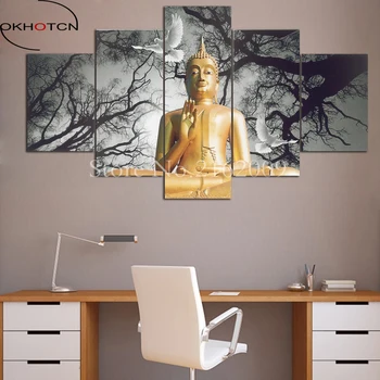 OKHOTCN ממוסגר 5 לוחות ציור שמן על בד בודהה דיוקן תמונות אמנות קיר התמונה בסלון רקע עיצוב פוסטרים