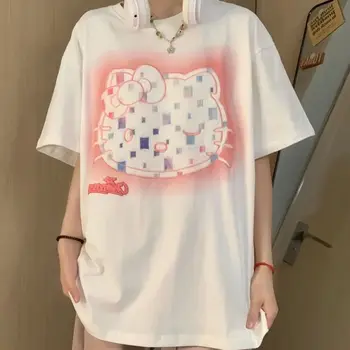 Sanrio הלו קיטי חדש עיצוב אופנה העליון Y2k חמוד כותנה רופף חולצות נשים בגדי קיץ סגנון קוריאני Tees מנופחים חולצת טי