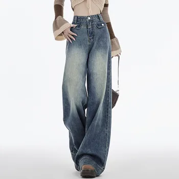 Y2K נשים אופנת רחוב בציר קוריאנית Oversize מזדמן גבוהה המותניים ישר רחב הרגל באגי ג 'ינס ג' ינס מכנסיים