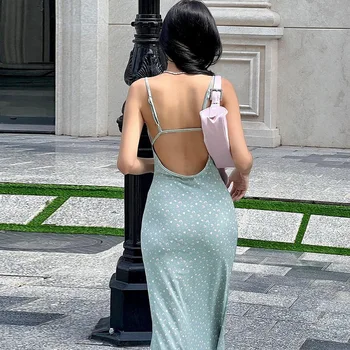 אופנה מודפס סלים ללא משענת שמלת סקסי פרחוני ספגטי רצועת שמלות לנשים אופנת רחוב טרי מתוק שמלת מקסי Vestidos