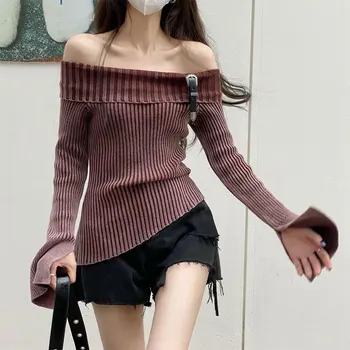 אופנה קלאסית לסרוג סוודר חולצה קו נטוי הצוואר מן כתף שרוול ארוך Pullovers הזיקוקים שרוול סתיו חורף Y2K אופנת רחוב