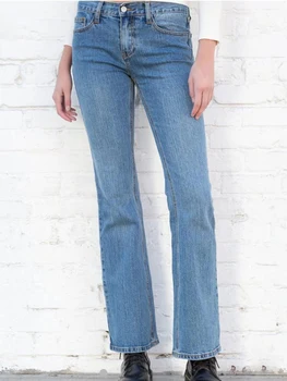 אמריקן וינטג 'ינס הזיקוק מכנסיים נשים האביב מזדמן כחול עלייה נמוכה מכנסי ג' ינס נשי רטרו Y2k אופנת רחוב מזדמנים מכנסיים כותנה