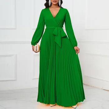 אפריקה שמלות עבור נשים אלגנטי סתיו אפריקה השרוול הארוך V-חריץ גבוהה המותניים ארוכה שמלת מקסי צבעונית אפריקה בגדים