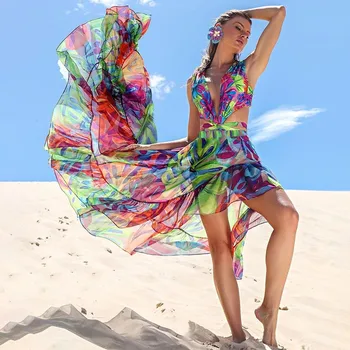בגד ים חתיכה אחת Pareo חוף נשים 2023 חדש בגדי ים חלול החוצה הדפסה להגדיר עבור פוליאסטר אמבטיה הבגדים של הגברת חליפה גדול גודל