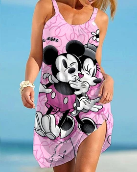 בגדי נשים קיץ קלע שמלת הדפסה דיסני סדרת מיקי ומיני דפוס קריקטורה גבירותיי שמלת החוף מזדמנים בסגנון