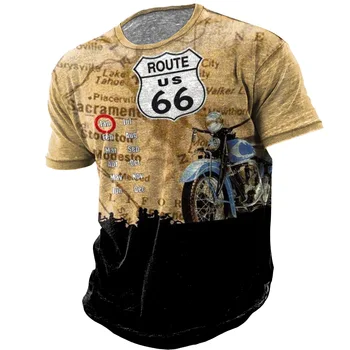 בציר החולצות של גברים אופנוע הדפס שרוול קצר חולצות כביש 66 גרפי Tees קיץ גברים בגדי אופנת רחוב מנופחים Tshirts