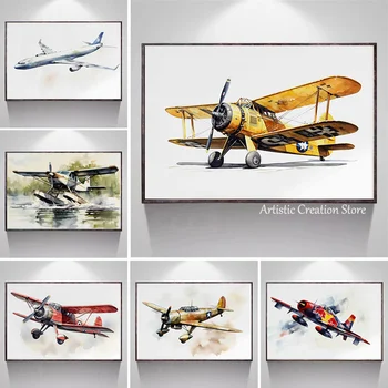 בציר מטוס קרב מטוס בצבעי בד הציור הדפסות תמונות לחדר ילדים מועדון מטוס אמנות קיר לעיצוב הבית פוסטרים