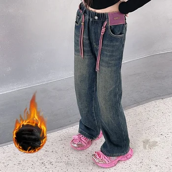ג ' ינס בנות חורף צמר עבה חם מקרית רופף רחב הרגל מכנסיים אופנה כל-התאמה 12 13 14 שנים ילדים בגיל ההתבגרות מכנסיים