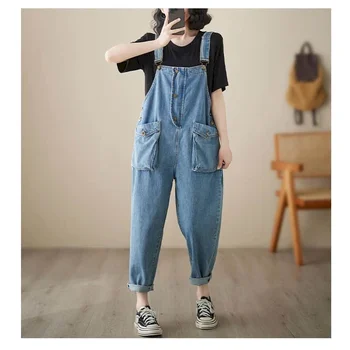 ג ' ינס סרבלים לנשים רופף אופנה קוריאנית Harajuku Sarouel חתיכה אחת תלבושות נשים Rompers מזדמן בציר Playsuits