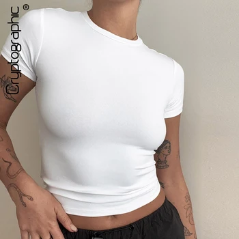 הצפנה מזדמן אופנה חיוני בסיסי שרוול קצר חולצות צוואר עגול של נשים לכל היותר מוצק 2023 הקיץ סלים מקסימום בגדים