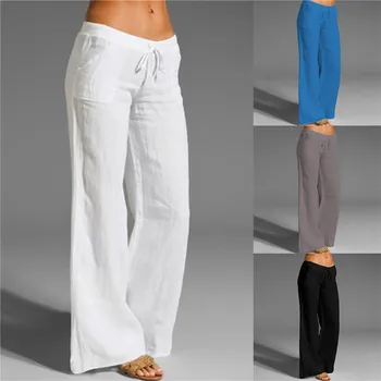 הקיץ מנופחים רחב הרגל המכנסיים נשים בציר כותנה פשתן Palazzo אופנה מכנסיים ארוכים מזדמן אלסטי המותניים מוצק Pantalon 2XL