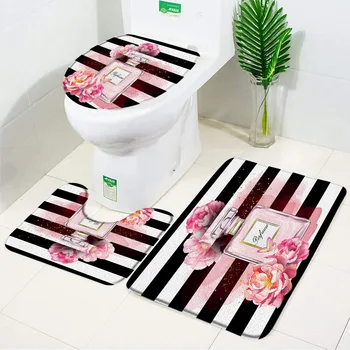 ורוד מבושם שטיח האמבטיה ערכת מים פרח שחור לבן פסים אופנה מודרנית שטיח אמבטיה עיצוב רצפת השטיח מכסה האסלה כיסוי