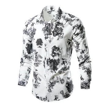 חדש האביב חולצות גברים בציר פרחים הוואי מקרית אחת עם חזה חולצות שמלה סלים שרוול ארוך החוף החולצה Mens הלבשה