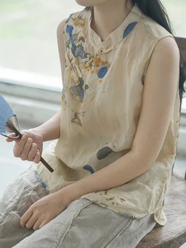 חולצת נשים קיץ העליון אפוד ללא שרוולים סיני כפתור קשרים לעמוד צווארון רופף רטרו קרקעיות תפירה אופנה מזדמן קיץ