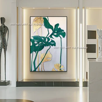 ירוק עלה זהב צמחים מופשט נורדי בעבודת יד בד ציור שמן קיר אמנות מודרנית התמונה בסלון הכניסה קישוט