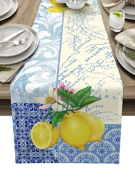 כחול פורצלן פירות לימון פשתן שולחן ראנר לשולחן מטבח קישוט חווה שולחן האוכל בד מסיבת חתונה עיצוב