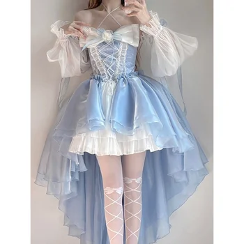 כחול שמלה לוליטה עיצוב קצר מול ארוך בחזרה פרח החתונה עבודה כבדה גדולה קשת זנב חצאית נסיכה
