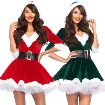 מבוגרים נשים שמלת חורף אלגנטי חג המולד סנטה תלבושת סקסית צוואר V קלאוס תחפושת Cosplay חג המולד עבה חם שמלות מיני אדום ירוק