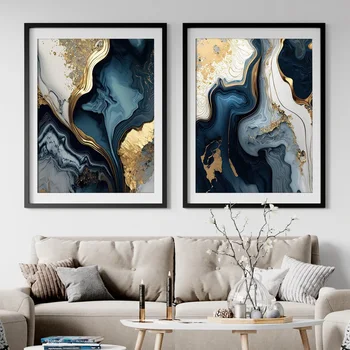 מודרני כחול, זהב לבן שיש כרזות קיר אמנות בד הציור הדפסות תמונות פנים סלון קישוט הבית