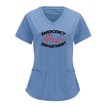 מחלקת חירום פעימות הלב תדר גל להדפיס חולצה קיץ, שרוול קצר צוואר V Tees עם כיס ביגוד מגן מקסימום