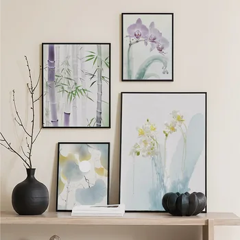 מסורת ציור בצבעי מים פרח במבוק לוטוס פלורה קיר אמנות בד הציור נורדי פוסטרים, הדפסת תמונות על חיים עיצוב חדר