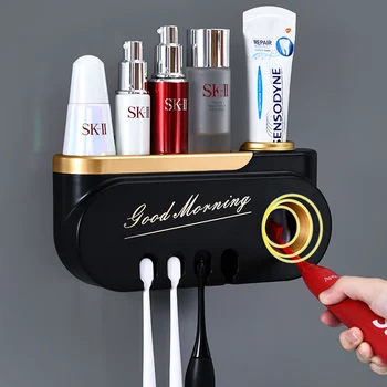 מתקן משחת שיניים אוטומטי קיר רכוב מחזיק מברשת שיניים מסחטת איפור אחסון מדף ארגונית עבור אביזרי אמבטיה