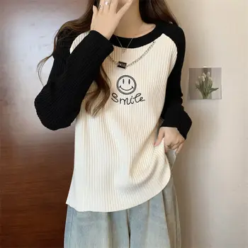 ניגודיות צבע שרוול ארוך חולצת קיץ אופנה קוריאנית הדפסה יוקרה מעצב סתיו חופשי Oversize מקסימום נשים בגדים