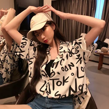 נשים אופנה מזדמן רופף קצר שרוול חולצת קיץ חדשה רטרו הונג קונג בסגנון חולצה היפ הופ האלפבית להדפיס חולצה חצי Sleev