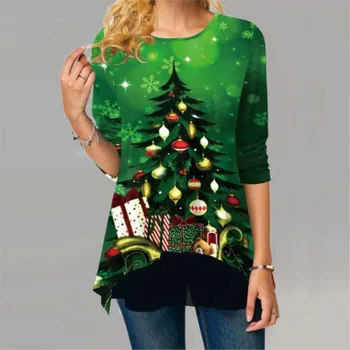 נשים חג המולד חולצות שלג חג המולד הדפסה האופנה טי סתיו חורף פסטיבל חולצות שרוול ארוך רופף חולצה Pullovers