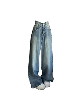 נשים כחול ג 'ינס באגי Harajuku בציר Emo 2000 Y2k ג' ינס מכנסיים גבוהים מותניים רחב קאובוי מכנסיים ה-90 אסתטי בגדים 2023