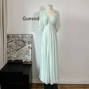 נשים שמלת משי 2023 נקבה הקיץ נוצות חרוזים סלים משי אור ירוק הרחבה התחתונה פיות שמלת מקסי חדש