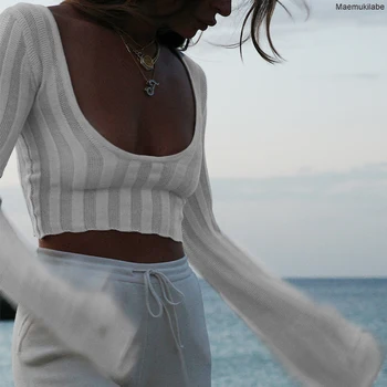סרוגים ארוך שרוול סוודר גזורה נשים לחוף הים עם ביקיני חיפוי-Tees חתך נמוך Slim Fit T-shirt-90 וינטג ' אופנת רחוב