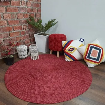 עגול אדום שטיח יוטה טבעי, השטיח בסלון הפיך קלוע שטיח הרצפה במסדרון חדר שינה מודרני באזור השטיח לעיצוב הבית