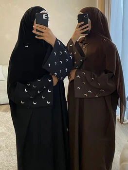 עיד רקמה הירח המוסלמית Abaya עבור נשים קרדיגן השמלה מרוקו הרמדאן שרוכים כפיות Kaftan האסלאם דובאי ערבים זמן החלוק 2024