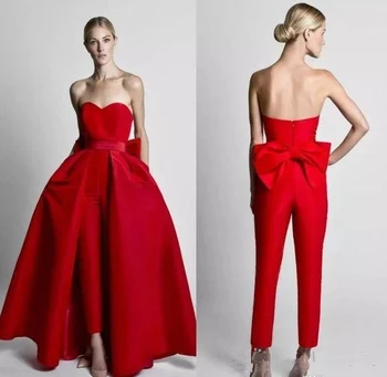 צנוע סרבל אדום שמלות לנשף עם להסרה הרכבת 2022 סטרפלס מט כתם קשת ללא משענת אירוע ערב מכנסי החליפה.