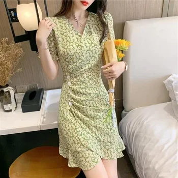 קוריאני הקיץ הדפסה פיות להתלבש נשים V-צוואר קו מותן גבוה פאף שרוול שמלת מיני טול קפלים לפצל את השמלה אלגנטית נשים Vestido
