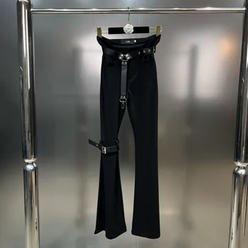 רחוב מגמה ישר-רגל, מכנסיים שחורים פשוטים כל-התאמה מתכת לחצן עור PU החגורה 2023 סתיו מכנסיים GL508