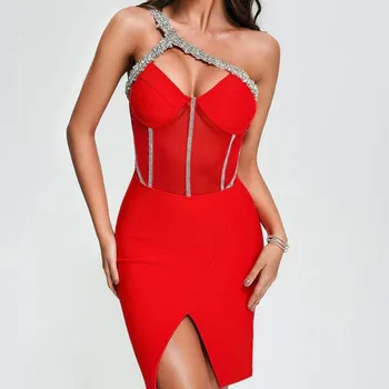 ריינסטון סקסי שמלת Bodycon רשת V-צוואר הקולר אור יוקרה שמלת מיני אלגנטית בשמלת ערב לנשים סלים יום הולדת שמלות