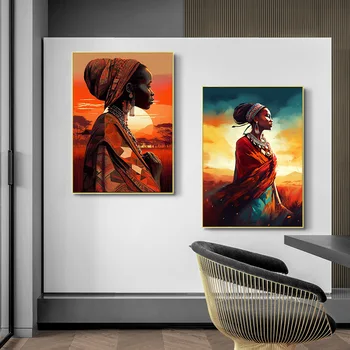 שקיעה זריחה שחור אפריקאי נשים ציור שמן צבעוני להבין פוסטרים, הדפסי אמנות מודרנית קיר להבין תלויים ציורים.