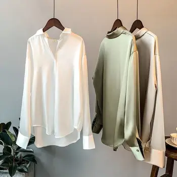 שרוול ארוך חולצת המשי נקבה חוש עיצוב נישה 2023 האביב החדש תכליתי וילון וינטג הונג קונג סגנון החולצה העליון.